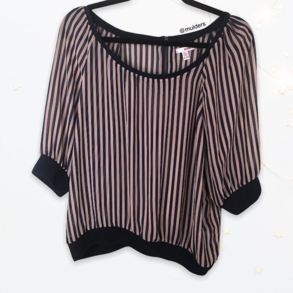 Bongo Sheer Tan & Black Striped Scoop Neck Blouse Top XL